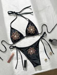Swim Mod Women's Halter Neck Rhinestone Decorated Black Bikini 2 Pieces Swimwear Set,Summer,Casual,Beach,Vacation,Holiday,Resort,Pool Party,Music Festival - Black - View 2