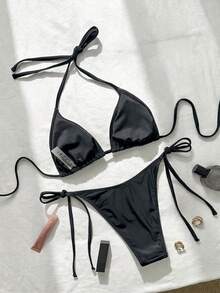 Swim Mod Women's Halter Neck Rhinestone Decorated Black Bikini 2 Pieces Swimwear Set,Summer,Casual,Beach,Vacation,Holiday,Resort,Pool Party,Music Festival - Black - View 4