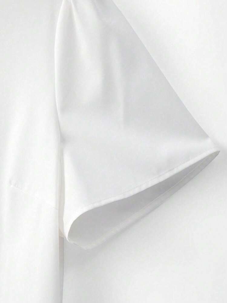 GlowEve CURVE Plus Size Women Solid Color Faux Pearl Decor Short Puff Sleeve Single-Breasted Elegant Blouse - White - View 6