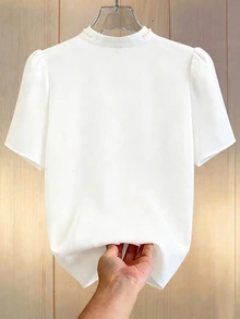 GlowEve CURVE Plus Size Women Solid Color Faux Pearl Decor Short Puff Sleeve Single-Breasted Elegant Blouse - White - View 2