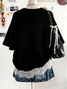 Lalippa New Lace Patchwork Loose Casual Everyday Versatile Women T-Shirt - Black - View 2
