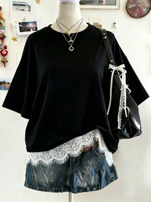 Lalippa New Lace Patchwork Loose Casual Everyday Versatile Women T-Shirt - Black - View 1