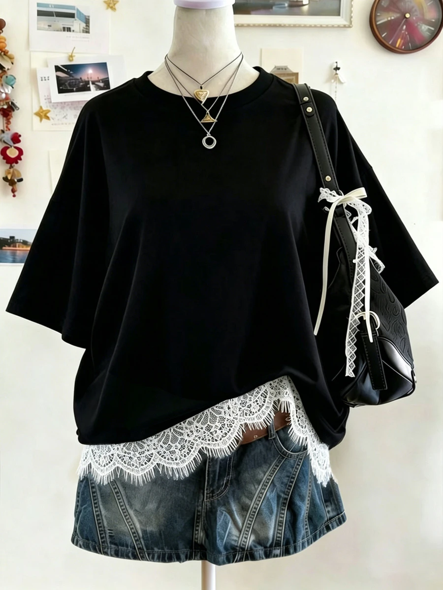 Lalippa New Lace Patchwork Loose Casual Everyday Versatile Women T-Shirt - Black - View 1