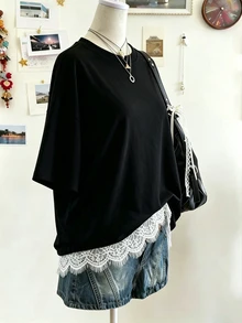Lalippa New Lace Patchwork Loose Casual Everyday Versatile Women T-Shirt - Black - View 3