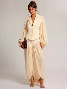SHEIN BAE BAE Cream Chiffon Panel Wide Leg Dress Pants, Elegant Flowy Volume Trousers For Office Dinner Party Date Night Brunch Fall - Apricot - View 5