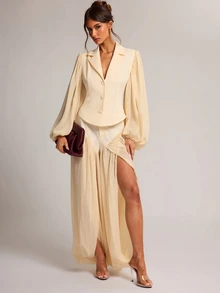 SHEIN BAE BAE Cream Chiffon Panel Wide Leg Dress Pants, Elegant Flowy Volume Trousers For Office Dinner Party Date Night Brunch Fall - Apricot - View 6