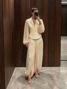 SHEIN BAE BAE Cream Chiffon Panel Wide Leg Dress Pants, Elegant Flowy Volume Trousers For Office Dinner Party Date Night Brunch Fall - Apricot - View 2