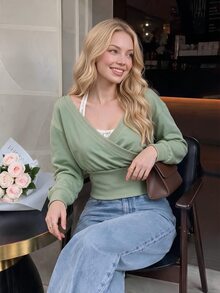 SHEIN MOD Women's Stylish V Neck Cropped Sweatshirt With Long Sleeves And Wrap Front Design For Casual Outfits,Lace Neck Inner Layer,Green Tops For Women - Green - View 1