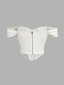 SHEIN MOD 女款露肩紋理束腰上衣 時尚無肩帶心形領襯衫 適合夜晚外出 白色束腰上衣 萬聖節背心 - 杏色 - 查看 5