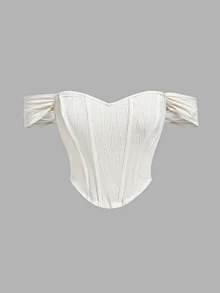 SHEIN MOD 女款露肩紋理束腰上衣 時尚無肩帶心形領襯衫 適合夜晚外出 白色束腰上衣 萬聖節背心 - 杏色 - 查看 4