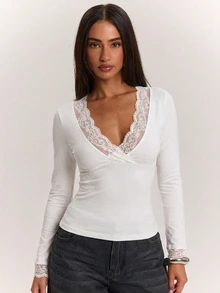 SHEIN BAE Women's Solid White Deep V-Neck Lace Trim Patchwork Long Sleeve Knit Top, Autumn/Winter - White - View 6
