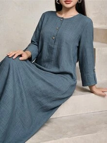 Al Najma Women's Round Neck Long Sleeve Loose Textured Jacquard Casual Modest Versatile Comfortable Arabian Dress Formal Christening Guest Navy Blue Winter - Blue - View 6