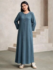 Al Najma Women's Round Neck Long Sleeve Loose Textured Jacquard Casual Modest Versatile Comfortable Arabian Dress Formal Christening Guest Navy Blue Winter - Blue - View 7