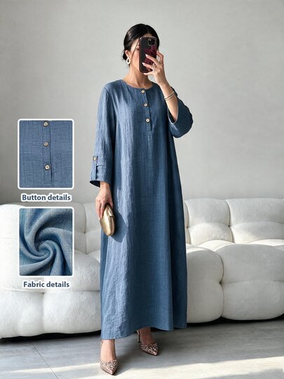 Al Najma Robe arabe pour femme à col rond, manches longues, coupe ample, jacquard texturé, décontractée, modeste, polyvalente et confortable, bleu marine, hiver, formelle, pour baptême et invitée