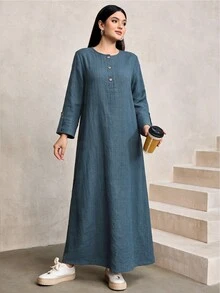 Al Najma Women's Round Neck Long Sleeve Loose Textured Jacquard Casual Modest Versatile Comfortable Arabian Dress Formal Christening Guest Navy Blue Winter - Blue - View 4