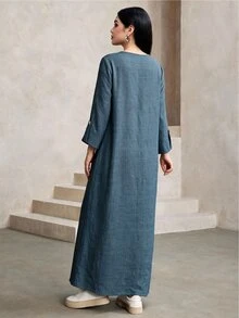 Al Najma Women's Round Neck Long Sleeve Loose Textured Jacquard Casual Modest Versatile Comfortable Arabian Dress Formal Christening Guest Navy Blue Winter - Blue - View 2