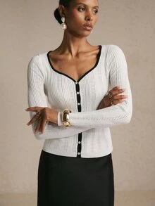 Poéselle Women's Contrast Trim Pointelle Knit Cardigan – Button-Front V-Neck Long Sleeve Fitted Sweater Top Fall Winter Sweater Holiday Outfits Cute Tops - White - View 7