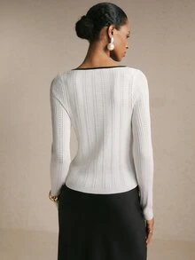 Poéselle Women's Contrast Trim Pointelle Knit Cardigan – Button-Front V-Neck Long Sleeve Fitted Sweater Top Fall Winter Sweater Holiday Outfits Cute Tops - White - View 4