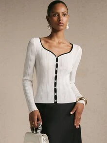 Poéselle Women's Contrast Trim Pointelle Knit Cardigan – Button-Front V-Neck Long Sleeve Fitted Sweater Top Fall Winter Sweater Holiday Outfits Cute Tops - White - View 6
