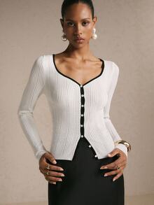 Poéselle Women's Contrast Trim Pointelle Knit Cardigan – Button-Front V-Neck Long Sleeve Fitted Sweater Top Fall Winter Sweater Holiday Outfits Cute Tops - White - View 2