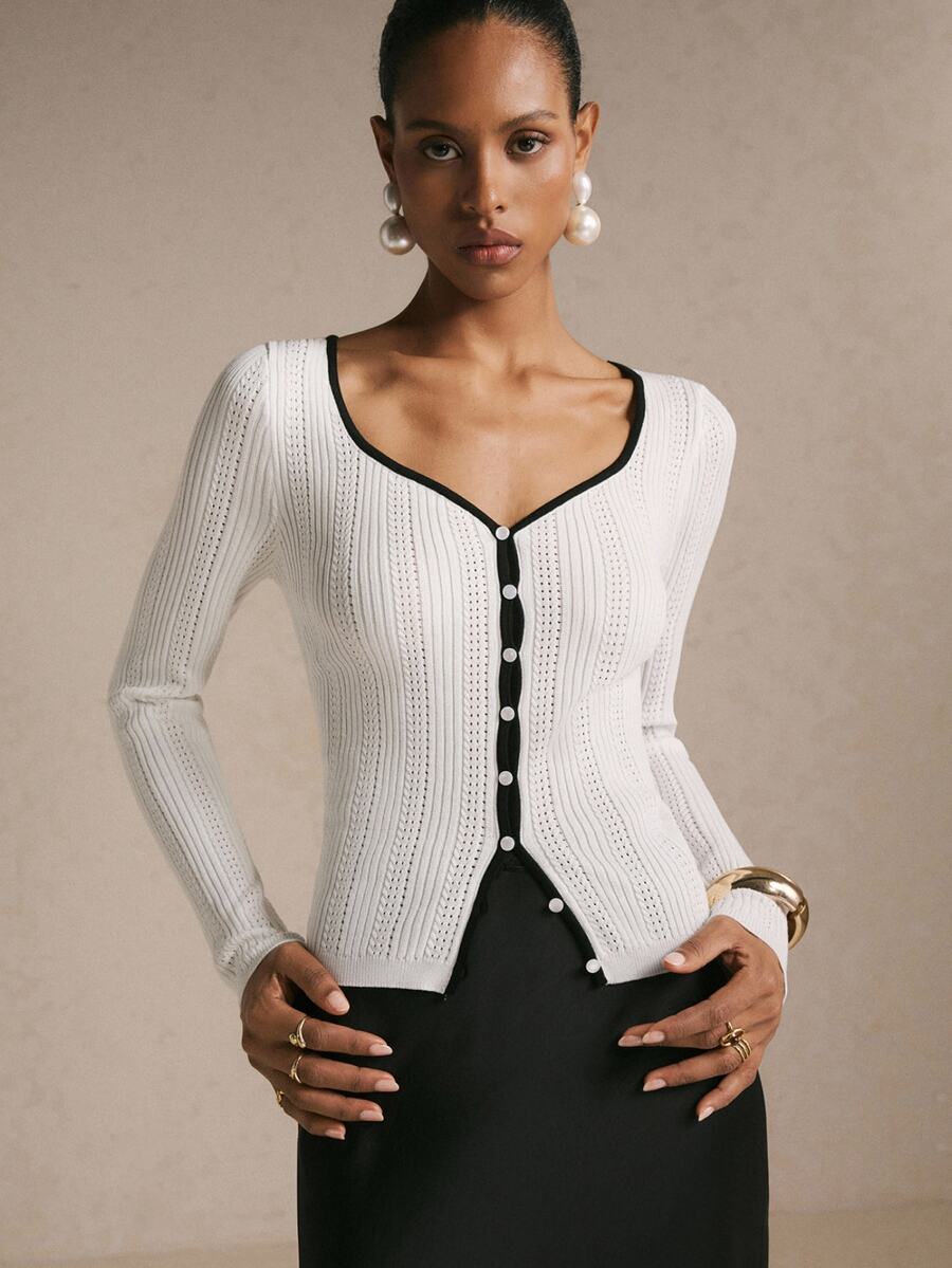 Poéselle Women's Contrast Trim Pointelle Knit Cardigan – Button-Front V-Neck Long Sleeve Fitted Sweater Top Fall Winter Sweater Holiday Outfits Cute Tops - White - View 1