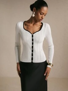 Poéselle Women's Contrast Trim Pointelle Knit Cardigan – Button-Front V-Neck Long Sleeve Fitted Sweater Top Fall Winter Sweater Holiday Outfits Cute Tops - White - View 3