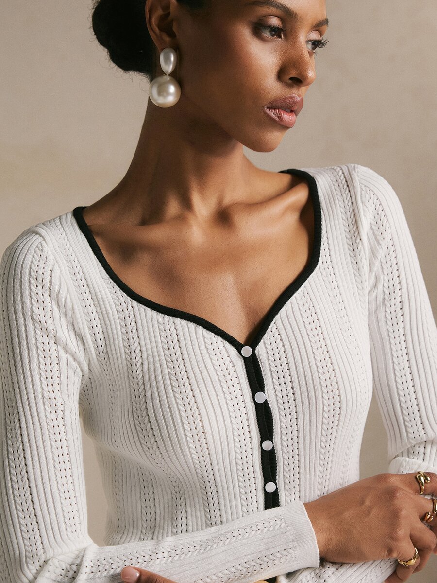 Poéselle Women's Contrast Trim Pointelle Knit Cardigan – Button-Front V-Neck Long Sleeve Fitted Sweater Top Fall Winter Sweater Holiday Outfits Cute Tops - White - View 1