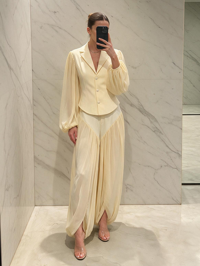 SHEIN BAE Cream White Chiffon Panel Fitted Blazer, Elegant Romantic Long Sleeve Suit Jacket For Office Tea Party Date Night Brunch Wedding Guest Fall