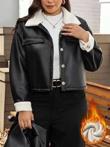 Comfylo Plus Size Women's PU Leather Single-Breasted Fashion Versatile Jacket Club Office Teacher Black Autumn Casual Streetwear Western - Black - View 1