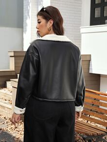Comfylo Plus Size Women's PU Leather Single-Breasted Fashion Versatile Jacket Club Office Teacher Black Autumn Casual Streetwear Western - Black - View 9