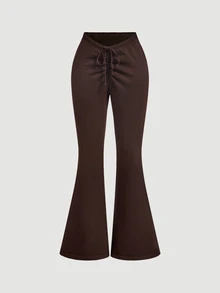 SHEIN MOD Celana Rajut Cokelat Tua Nyaman dengan Model Mengembang dan Detail Tali Serut Berkerut yang Bergaya, Celana Cokelat Tua, Celana Model Lonceng untuk Wanita, Celana Model Lonceng - Coklat - View 3