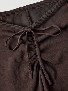 SHEIN MOD Celana Rajut Cokelat Tua Nyaman dengan Model Mengembang dan Detail Tali Serut Berkerut yang Bergaya, Celana Cokelat Tua, Celana Model Lonceng untuk Wanita, Celana Model Lonceng - Coklat - View 5