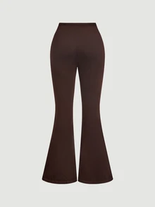 SHEIN MOD Celana Rajut Cokelat Tua Nyaman dengan Model Mengembang dan Detail Tali Serut Berkerut yang Bergaya, Celana Cokelat Tua, Celana Model Lonceng untuk Wanita, Celana Model Lonceng - Coklat - View 4