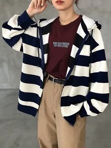 FRIFUL Women's Autumn Striped Sweatshirt Sweatshirt - Navy Blue - View 4