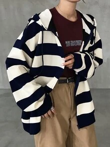 FRIFUL Women's Autumn Striped Sweatshirt Sweatshirt - Navy Blue - View 3