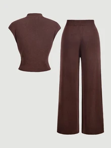 SHEIN MOD Women Chic Brown Ribbed Knit Two Pieces Outfit Featuring Mandarin Collar Tie Front Top And Wide Leg Elastic Waist Pants Lounge Set,Pants And Top Set - Brown - View 5