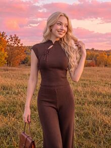 SHEIN MOD Women Chic Brown Ribbed Knit Two Pieces Outfit Featuring Mandarin Collar Tie Front Top And Wide Leg Elastic Waist Pants Lounge Set,Pants And Top Set - Brown - View 3