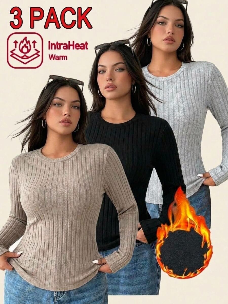 Comfortcana 3pcs/Set Plus Size Women's Velvet Thermal Form-Fitting Long Sleeve T-Shirts, Multi-Color Thermal - Black and White - View 1