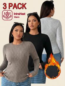 Comfortcana 3pcs/Set Plus Size Women's Velvet Thermal Form-Fitting Long Sleeve T-Shirts, Multi-Color Thermal - Black and White - View 8