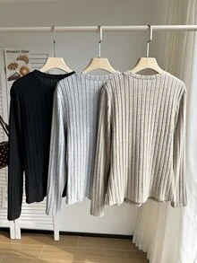 Comfortcana 3pcs/Set Plus Size Women's Velvet Thermal Form-Fitting Long Sleeve T-Shirts, Multi-Color Thermal - Black and White - View 5
