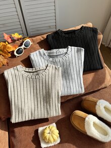 Comfortcana 3pcs/Set Plus Size Women's Velvet Thermal Form-Fitting Long Sleeve T-Shirts, Multi-Color Thermal - Black and White - View 6