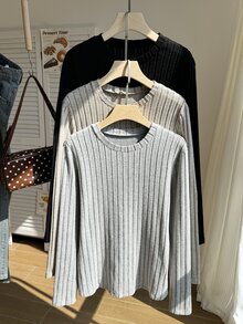 Comfortcana 3pcs/Set Plus Size Women's Velvet Thermal Form-Fitting Long Sleeve T-Shirts, Multi-Color Thermal - Black and White - View 2