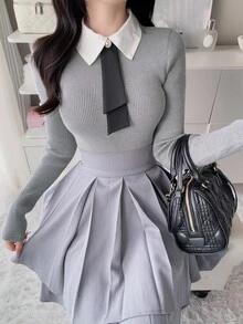 FRIFUL Women's Autumn Contrast Collar Slim Fit Ribbed Sweater - Grey - View 4