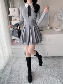 FRIFUL Women's Autumn Contrast Collar Slim Fit Ribbed Sweater - Grey - View 3