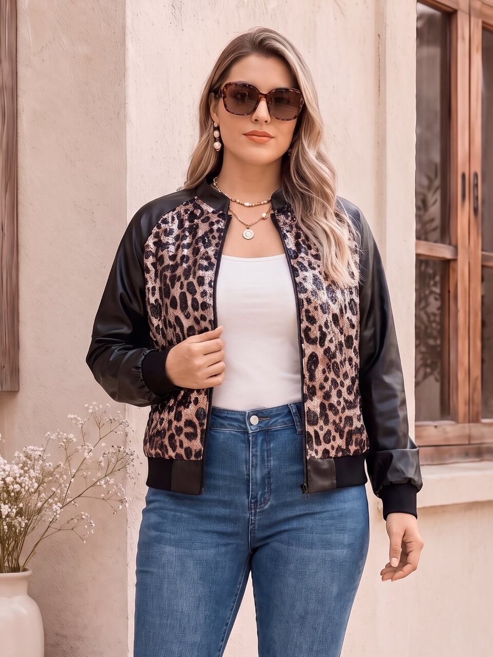 Plus Size Women Autumn/Winter Casual Elegant Smart Casual Goth Vacation PU Leather Patchwork Leopard Print Jacket With Pockets Going Out Wedding Guest