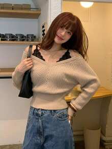 Serisse 女款對比蕾絲二合一蝙蝠袖長袖優雅針織衫，秋季深色學院風露肩羅紋針織 Coquette 風格毛衣 - 杏色 - 查看 2