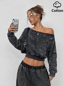 Balvessa Sweatshirt Wanita dengan Bahu Asimetris, Gaya Kasual Jalanan, Kain Bertekstur Motif Salju - Hitam - View 6
