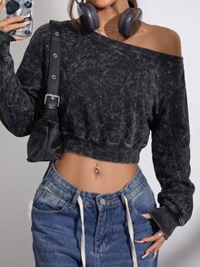 Balvessa Sweatshirt Wanita dengan Bahu Asimetris, Gaya Kasual Jalanan, Kain Bertekstur Motif Salju - Hitam - View 7