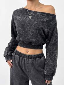 Balvessa Sweatshirt Wanita dengan Bahu Asimetris, Gaya Kasual Jalanan, Kain Bertekstur Motif Salju - Hitam - View 4