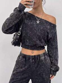 Balvessa Sweatshirt Wanita dengan Bahu Asimetris, Gaya Kasual Jalanan, Kain Bertekstur Motif Salju - Hitam - View 5